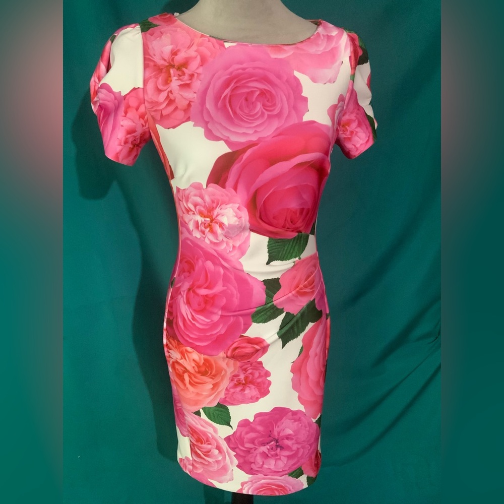Karl Lagerfeld PARIS Scuba Neck Pink Rose-Print Mini Sheath Dress, NWOT